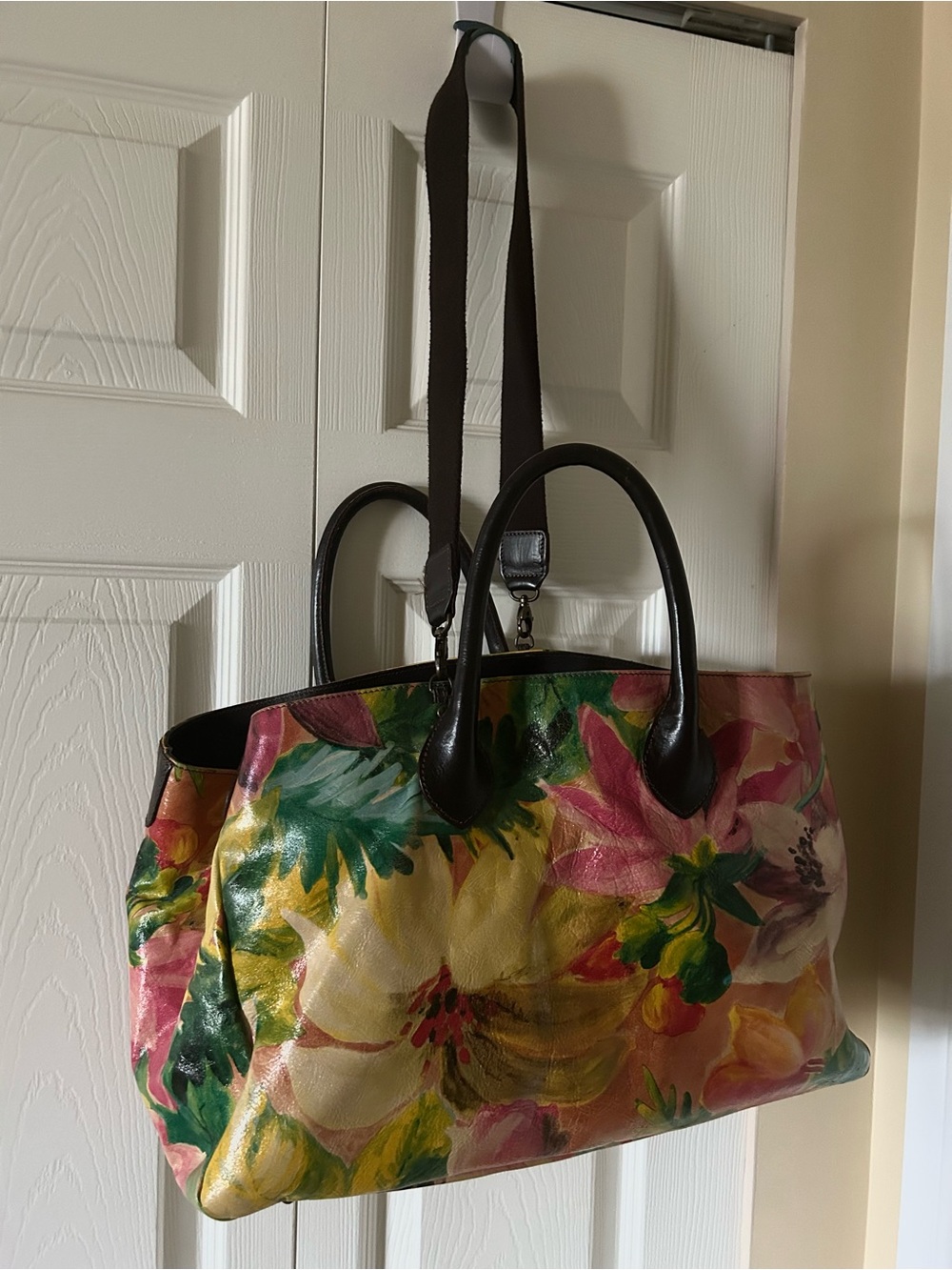 Maurizio Taiuti Floral Leather Tote in Yellow, Pink & Green - Picture 2 of 12